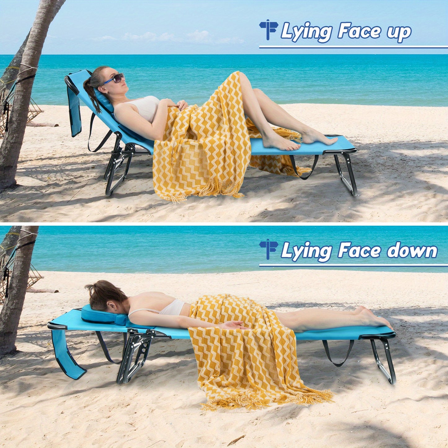 Folding Beach Chaise Lounge Chair w/ Adjustable Backrest - Great for Reiki