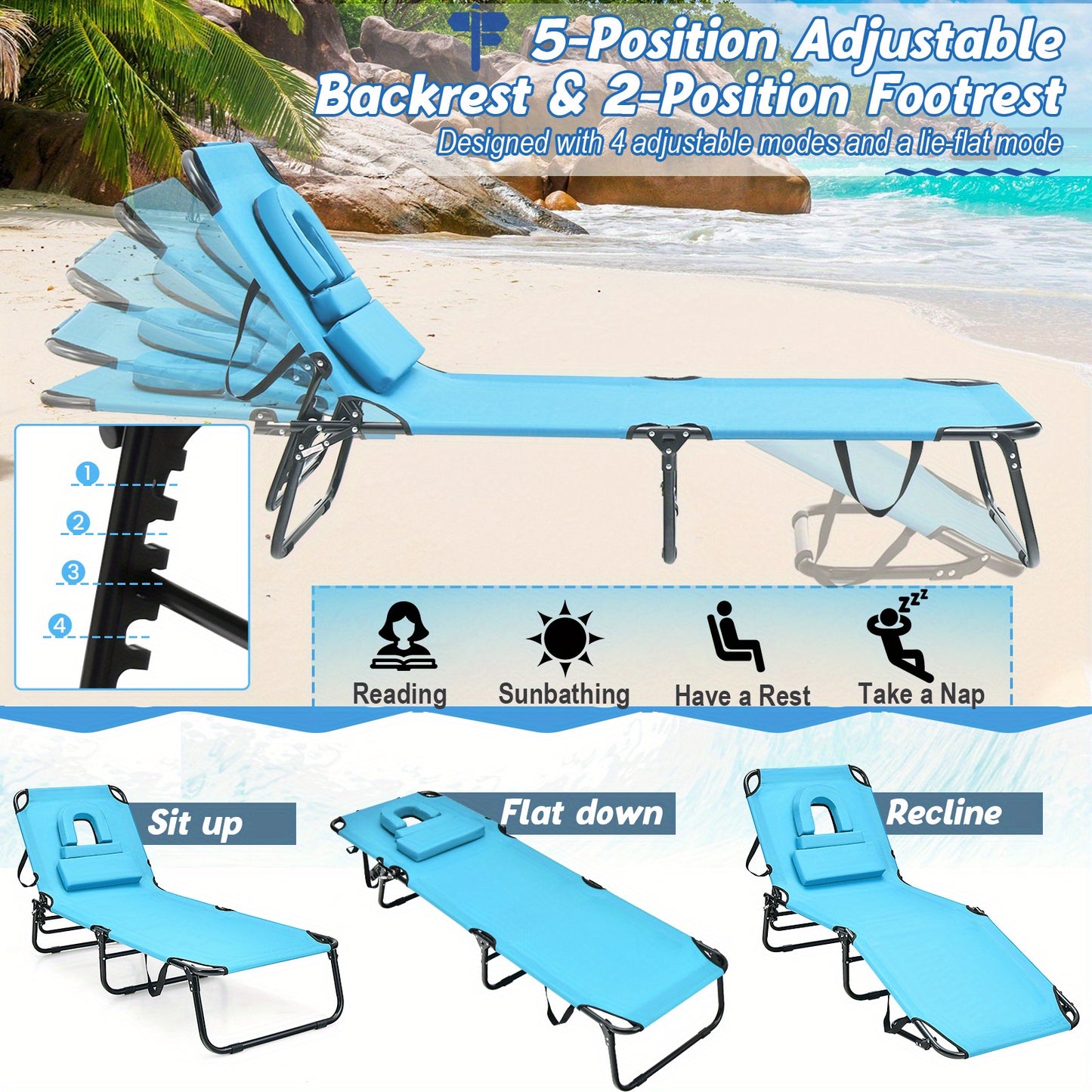 Folding Beach Chaise Lounge Chair w/ Adjustable Backrest - Great for Reiki