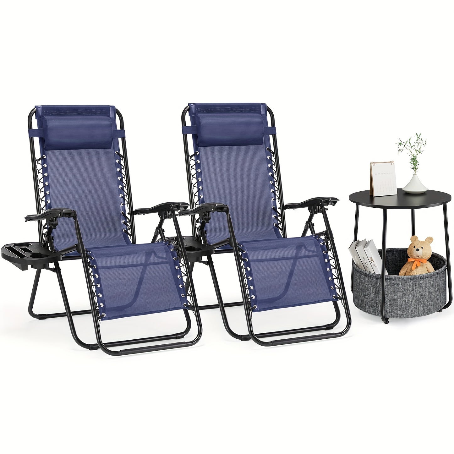 2 Foldable Zero Gravity Lounge Chairs - Circular Side Tables