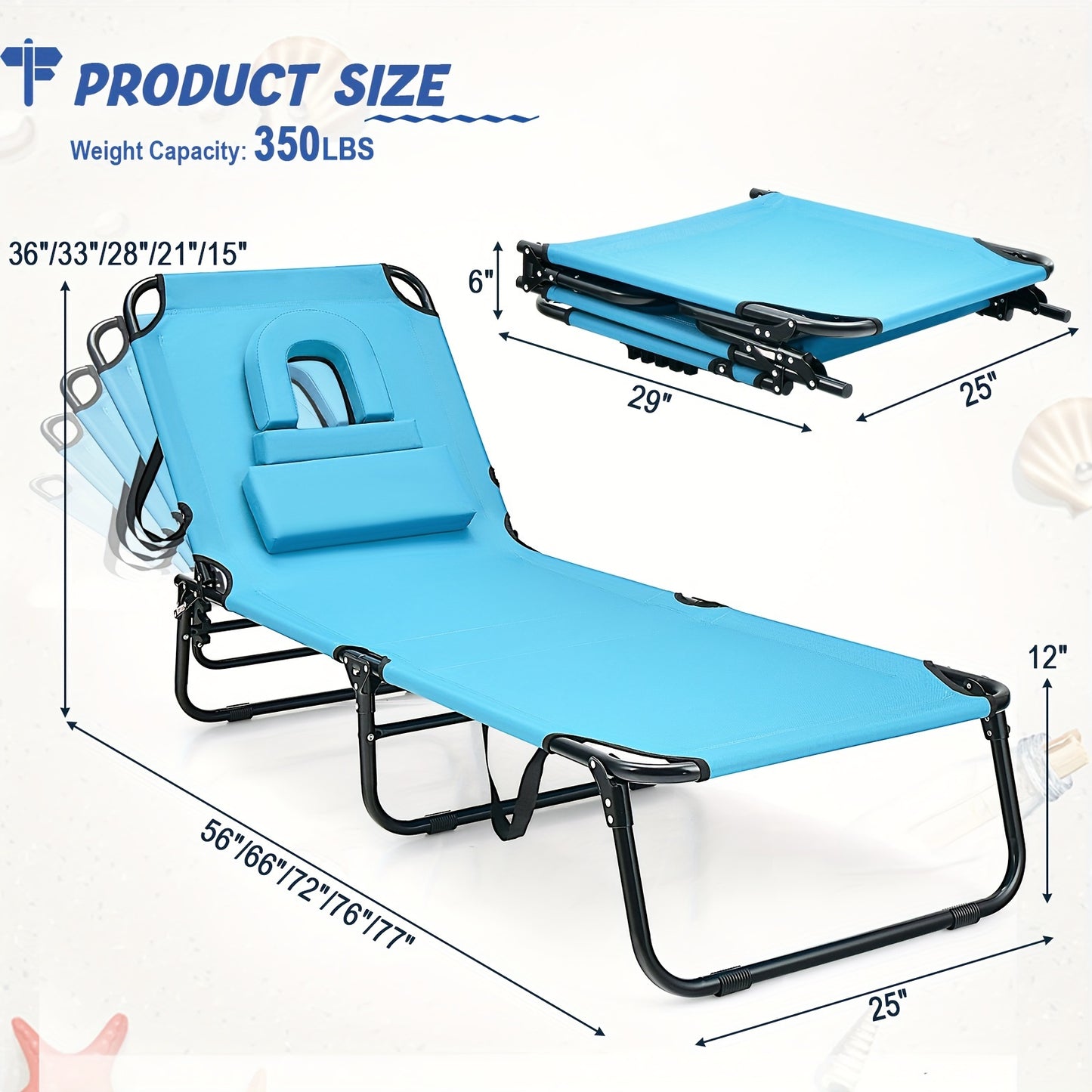 Folding Beach Chaise Lounge Chair w/ Adjustable Backrest - Great for Reiki