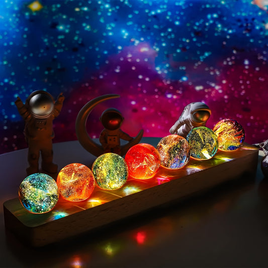 7 Chakra Crystal Quartz Natural Healing Spheres w/ LED Wooden Stand