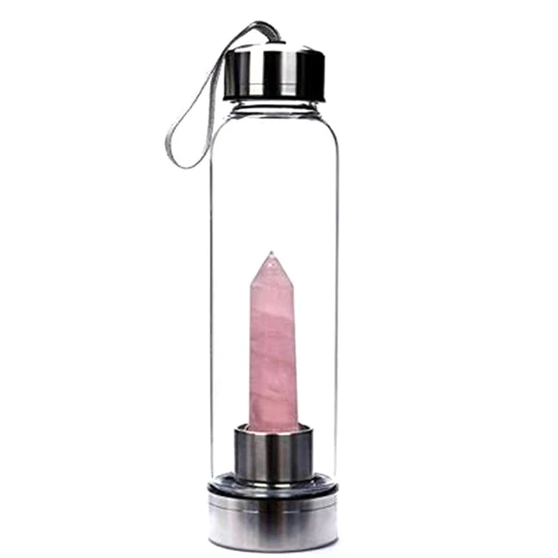 Natural Rose Quartz Elixir Glass Water Bottle