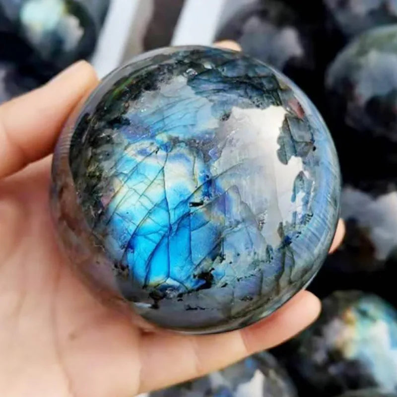 Natural Crystal Labradorite Ball Sphere w/ Wood Stand