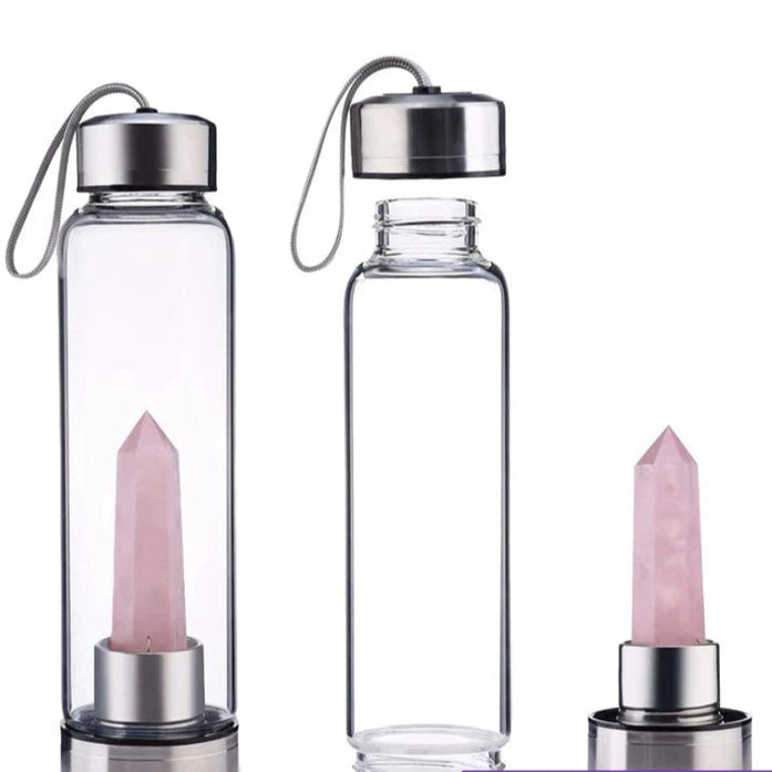 Natural Rose Quartz Elixir Glass Water Bottle