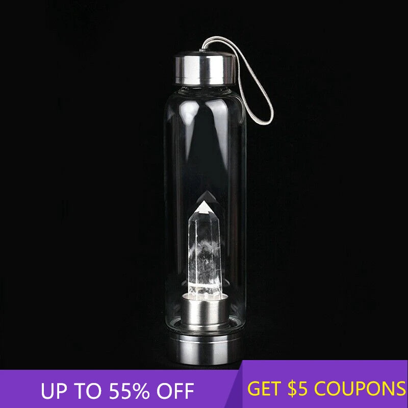 Natural Clear Quartz Elixir Glass Water Bottle