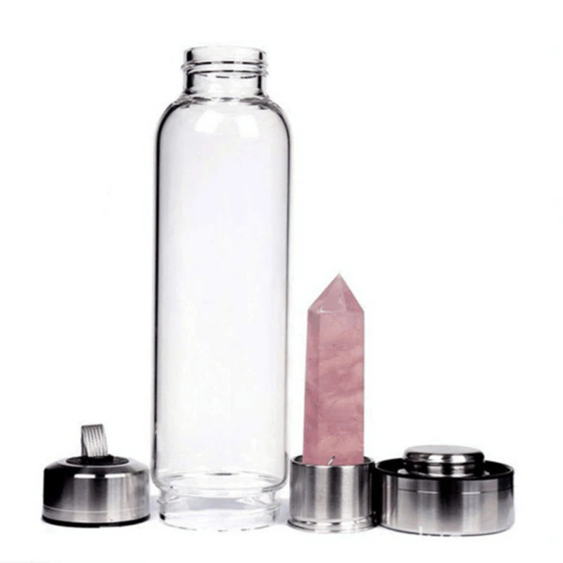 Natural Rose Quartz Elixir Glass Water Bottle