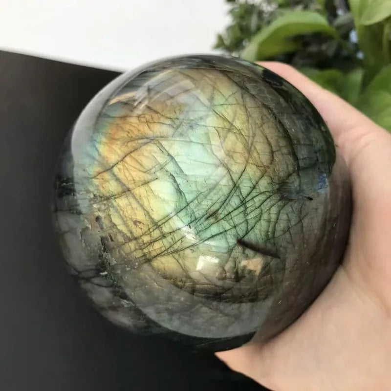 Natural Crystal Labradorite Ball Sphere w/ Wood Stand