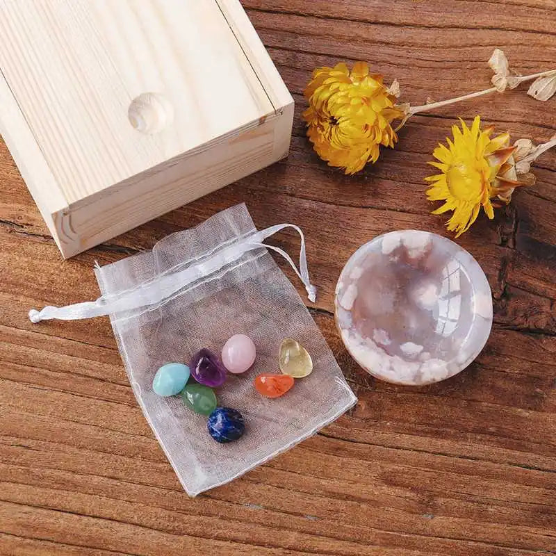 Chakra Healing Crystals & Agate Bowl  W/ Wooden Box