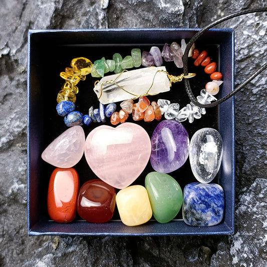 Healing Chakra Crystals w/ Gift Box Pendant & Bracelet