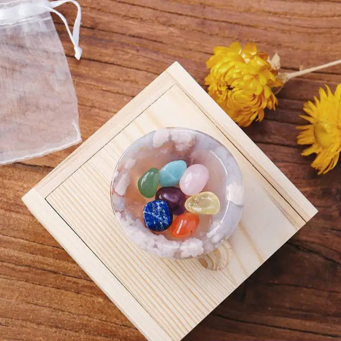 Chakra Healing Crystals & Agate Bowl  W/ Wooden Box