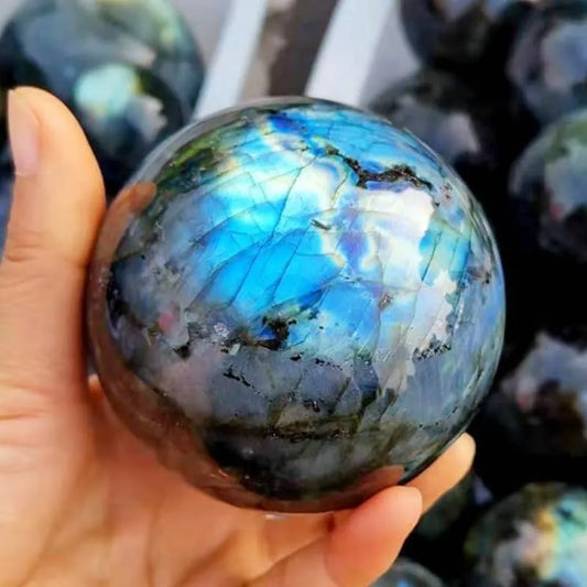 Natural Crystal Labradorite Ball Sphere w/ Wood Stand