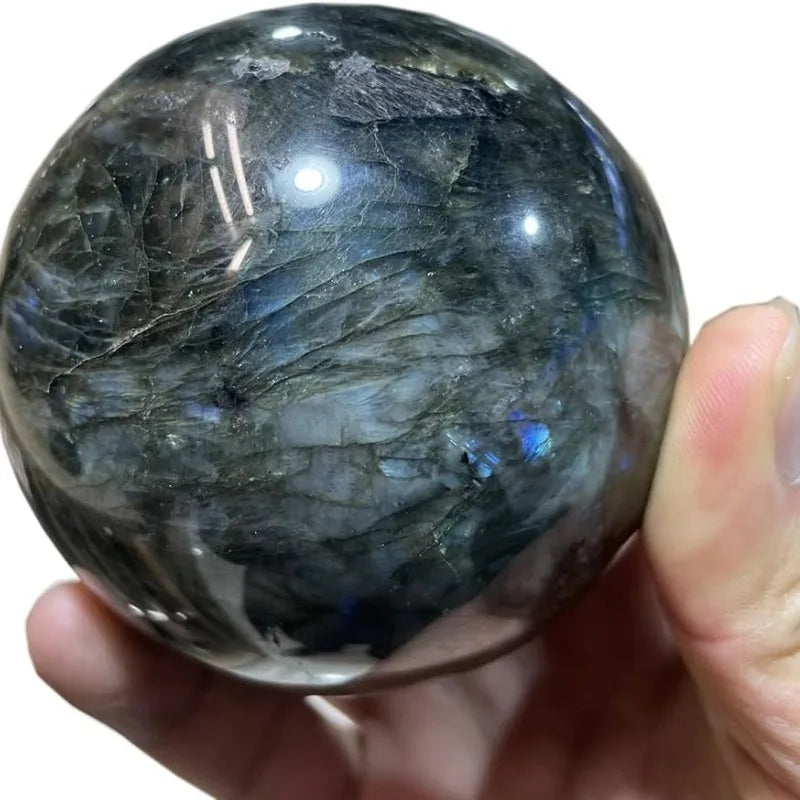 Natural Crystal Labradorite Ball Sphere w/ Wood Stand