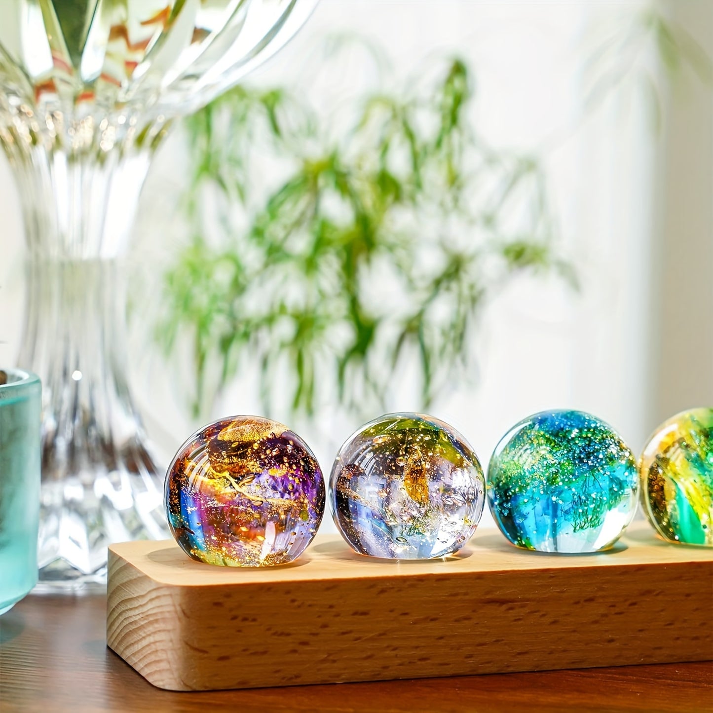 7 Chakra Crystal Quartz Natural Healing Spheres w/ LED Wooden Stand